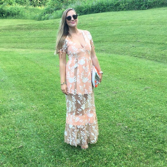 For Love and Lemons Dress. Embroidered & Mesh Accents. Plunge Neckline. - Picture 4 of 5